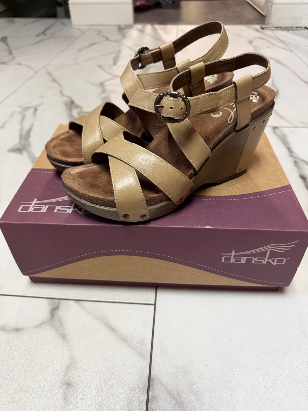 Dansko Beige Leather Wedge Sandals with Buckle